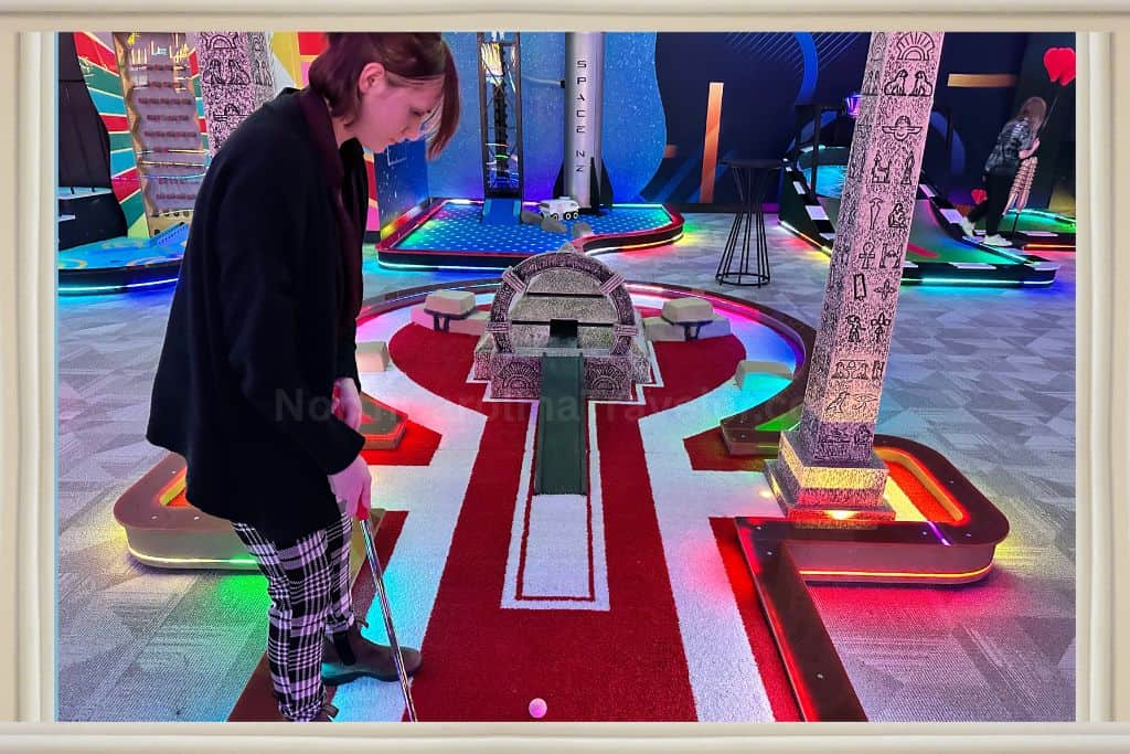 Ancient Pyramids mini golf hole at Battle & Birdie, Raleigh