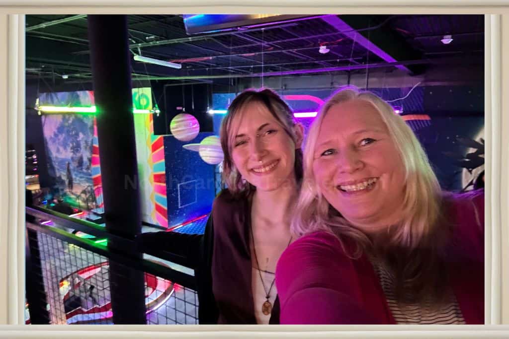 me and my daughter on the upper loft at Battle & Birdie, Raleigh