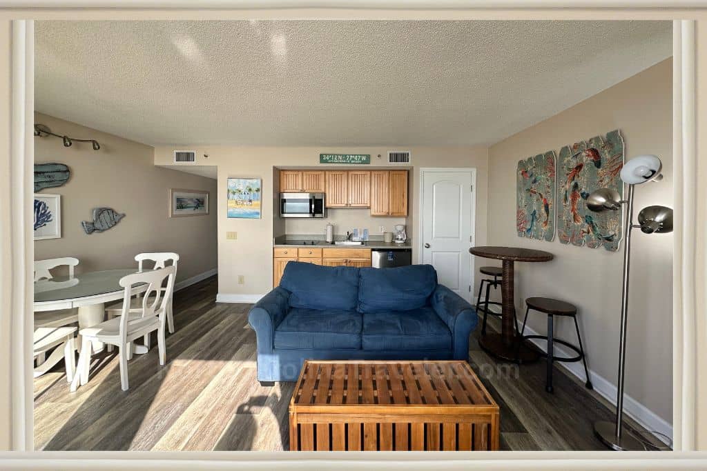 living area and kitchen at Shell Island Resort. 
Shell Island Resort Wrightville Beach NC