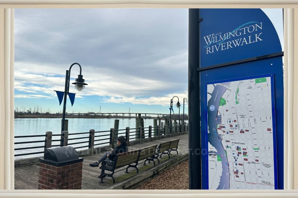 Wilmington Riverwalk sign with the riverwalk behind it. 

Shell Island Resort Wrightville Beach NC